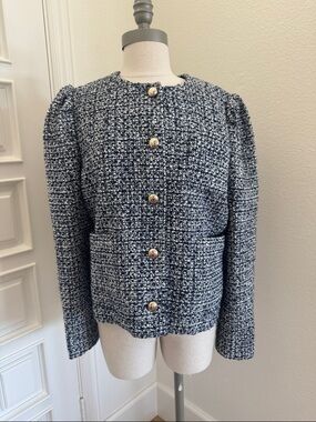 kate spade Navy and White Bouclé Cropped Blazer